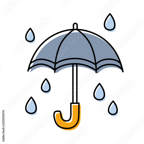 Open Umbrella with Falling Raindrops Vector Icon, Autumn Weather and Rainy Season Clipart in Doodle Line Art with Offset Color Fill Isolated on White Background.