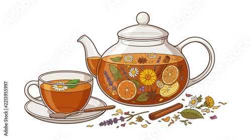 Transparent glass teapot and cup with aromatic herbal tea, flowers, and dried citrus fruits