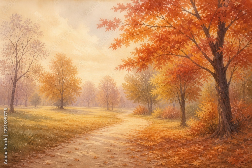 Fototapeta premium Golden autumn forest path beneath colorful maple trees
