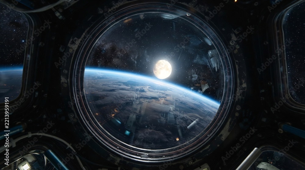 Fototapeta premium Moon Rising Over Earth Seen Through Circular Spacecraft Window