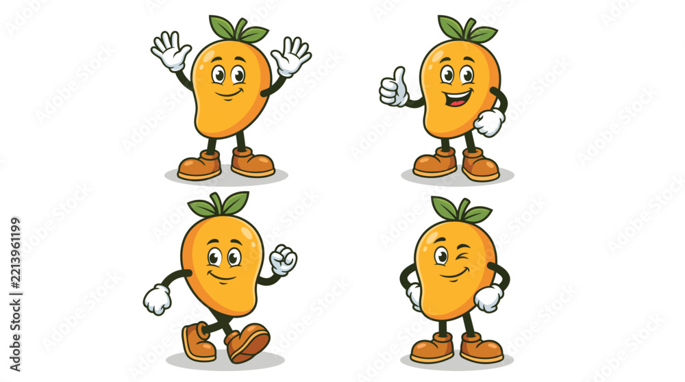Obraz premium Cheerful mango mascot character collection featuring playful fruit characters in different poses, designed for food branding, packaging, advertising, stickers, and promotional graphics