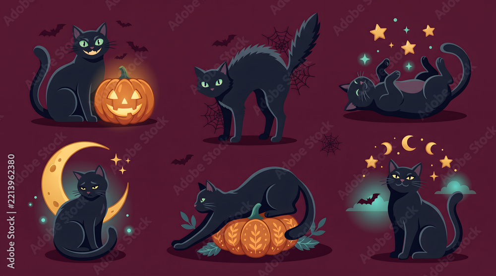 Fototapeta premium .Playful Halloween black cat illustration collection featuring cats with pumpkins, crescent moons, stars, bats, and festive seasonal elements in a bold vector style
