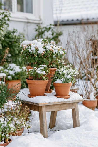Terracotta flower pots with green plants and delicate flowers covered in fresh snow on a wooden table in a residential winter garden