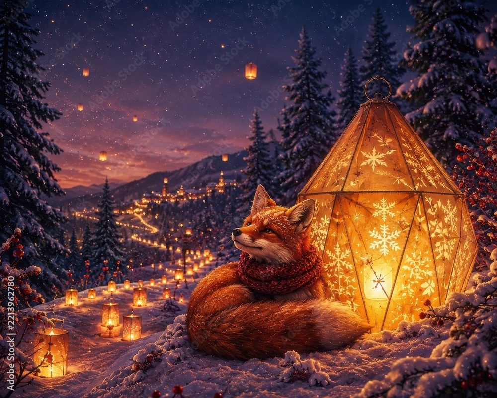Fototapeta premium Cozy winter fox beside glowing lanterns beneath snowy pines
