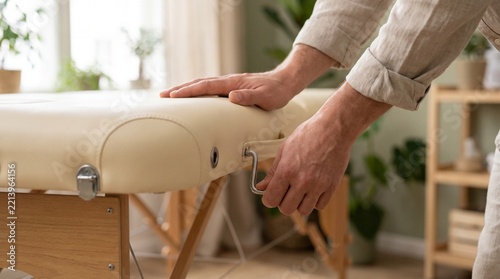 Person preparing portable massage table in bright therapy room