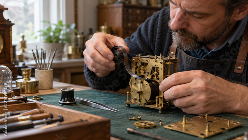 Clockmaker Fitting Mainspring in Mantel Clock