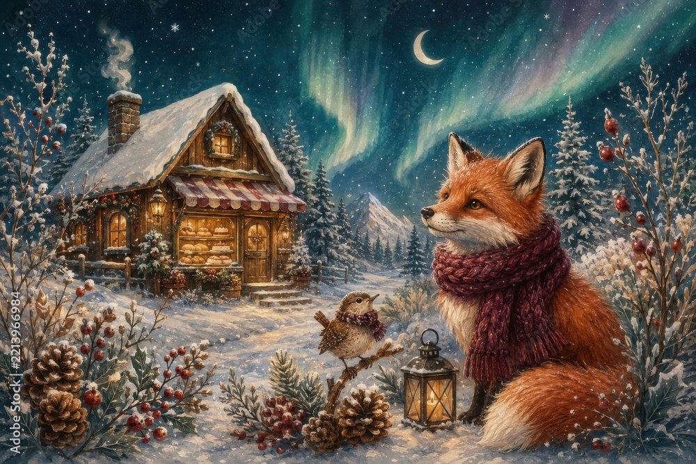 Fototapeta premium Fox beside snowy cabin beneath glowing aurora winter sky