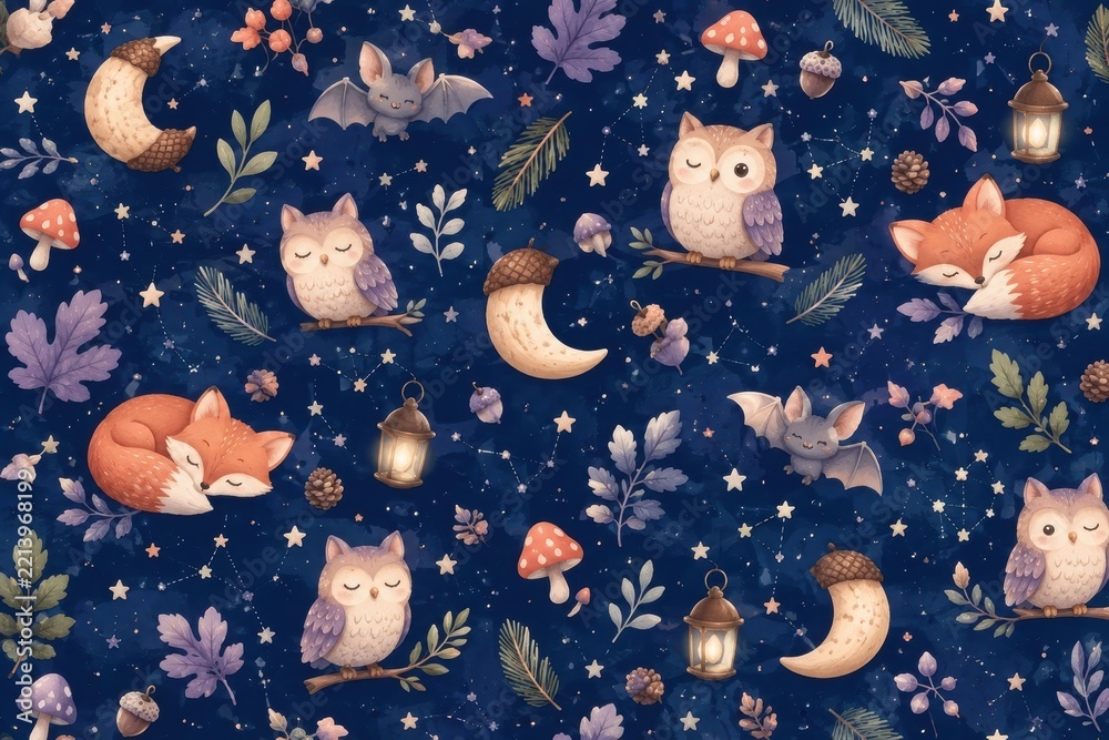 Fototapeta premium Whimsical woodland animals beneath moonlit starry night sky