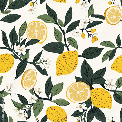 Hand-Drawn Lemon Pattern with Leaves and Flowers on Light Background