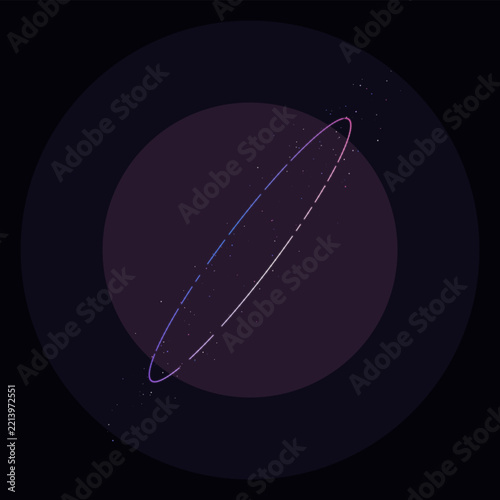 Glowing planet with orbital rings in deep space. Cosmic sphere surrounded by neon purple light paths and tiny stars. Minimalist celestial art. Digital graphics for astronomy presentations