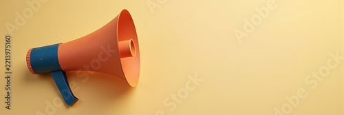 Paper megaphone lies on yellow with wide copy space at right. Concept of education materials, social media posts, marketing agencies, small business blogs, and announcement banners.