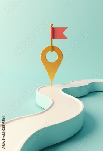 Winding road leads to a gold map pin with a red flag. Concept of app interface designers, business blogs, training materials, project management software, and presentation templates.