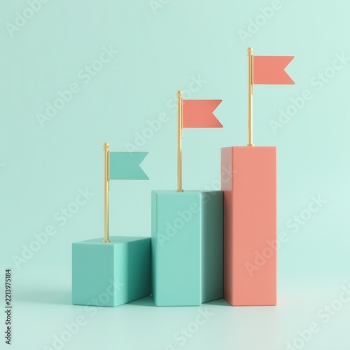 Three rising columns carry flags on mint. Concept of app interface designers, business blogs, training materials, project management software, and presentation templates.