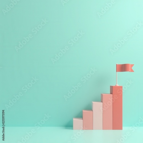 Pink bar steps rise to a flag on mint. Concept of project management software, presentation templates, app interface designers, business blogs, and training materials.