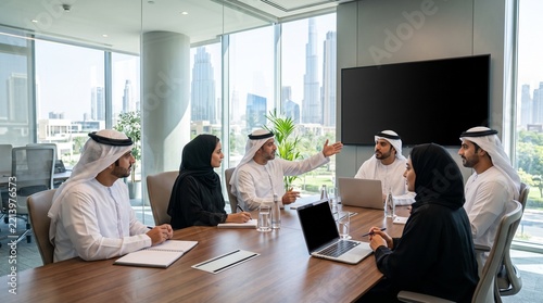 Diverse group of professionals in traditional Middle Eastern attire engaged in a business meeting around a conference table with laptops and notebooks, overlooking a modern city skyline