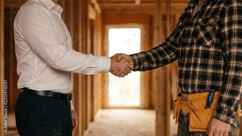 Professional man and construction worker shaking hands in a new house building project