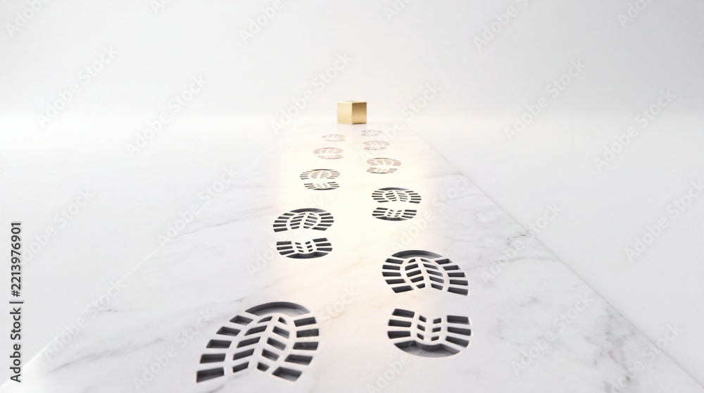 Fototapeta premium Conceptual image of boot footprints on a marble floor leading towards a small golden cube, symbolizing a path to success, achieving business goals, career progress, and reaching a valuable target.