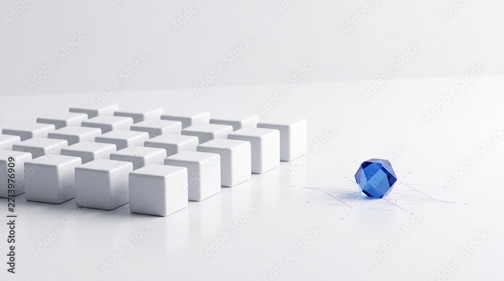 Fototapeta premium Metaphorical Concept of a Unique Blue Faceted Gemstone Sitting Apart from a Grid of Uniform White Cubes on a Bright Minimalist Surface Representing Individuality, Innovation, and Core Value