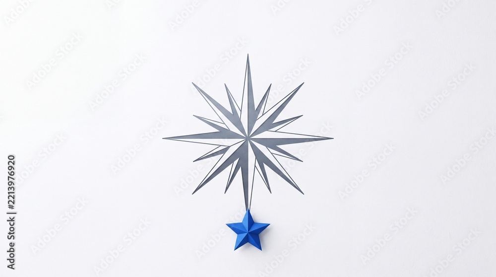 Fototapeta premium Minimalist North Star and Compass Rose Metaphor Representing a Core Concept, Guiding Principle, and Strategic Leadership with a Blue Star Focal Point Isolated on a Clean White Background