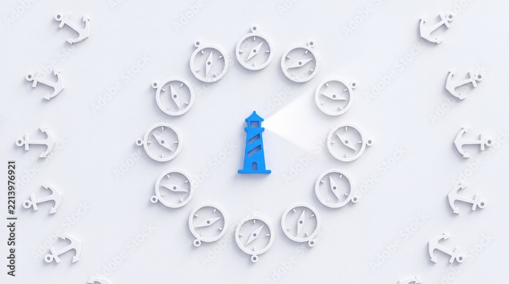 Fototapeta premium Conceptual 3D illustration of a blue lighthouse as a central beacon of leadership and guidance, surrounded by navigational compasses and anchors on a clean white background for business strategy