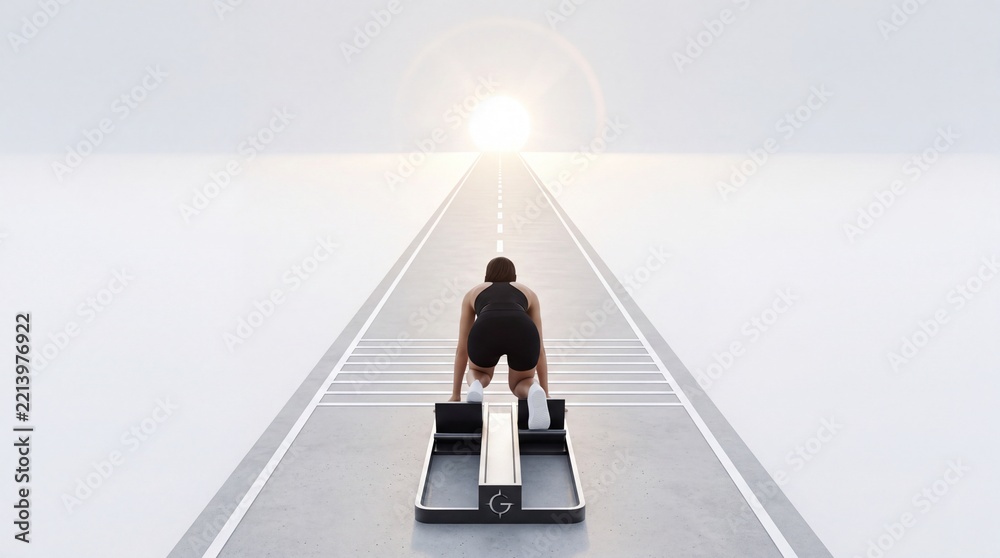 Fototapeta premium Metaphorical Concept of a Determined Female Athlete at a Starting Line Facing a Bright Horizon on a Straight Infinite Path Towards Success, Career Goals, and New Beginnings in a Minimalist Style