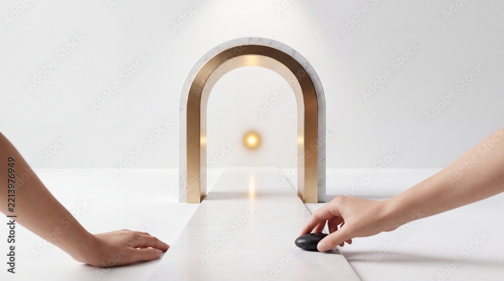 Fototapeta premium Abstract Conceptual Metaphor for Success and Future Vision Featuring Hands Moving a Black Stone on a White Marble Path Through a Golden Arch Toward a Glowing Light in a Minimalist Studio Setting