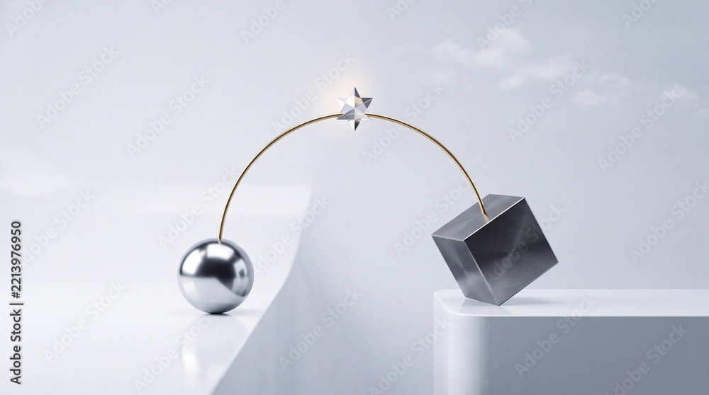 Fototapeta premium Abstract 3D Render of a Metallic Sphere and Cube Connected by a Thin Golden Arch with a Crystal Star, Representing a Conceptual Bridge, Connection, and Balance in a Minimalist Corporate Setting.