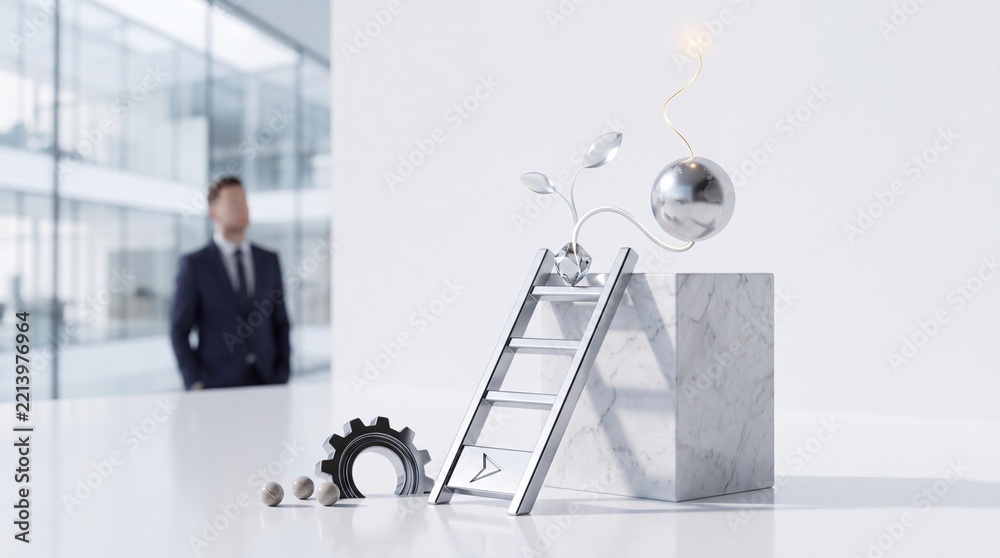 Fototapeta premium Abstract business metaphor featuring a silver ladder on a marble block with a metallic plant and gear, representing corporate growth, career success, strategy, and industrial development.