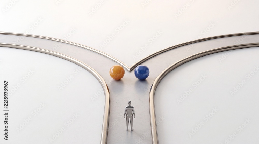 Fototapeta premium Minimalist 3D render of a metallic human figure at a fork in the road with orange and blue spheres representing decision making, strategic choices, career direction, and life path metaphors.