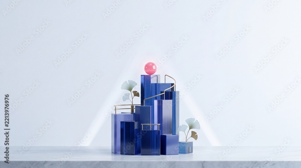 Fototapeta premium Abstract 3D Render of Blue Glass Geometric Pedestals with a Glowing Pink Sphere Core and Golden Ginkgo Leaf Accents on Marble, Symbolizing Structured Business Success and Creative Growth Concepts
