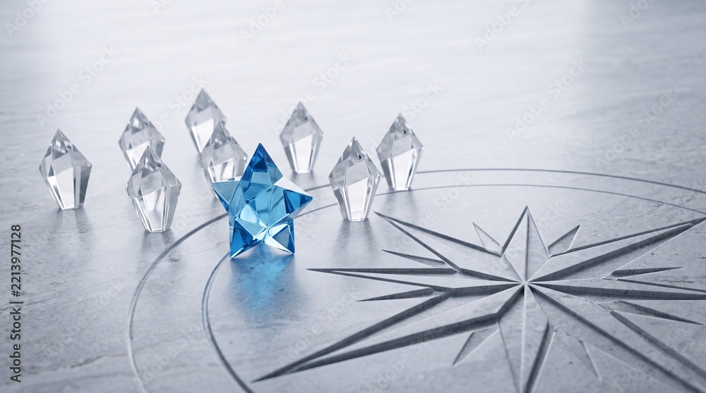 Fototapeta premium Blue glass star leading clear crystal elements over a carved stone compass rose, illustrating leadership, guidance, strategic vision, and navigating towards success in a business concept.