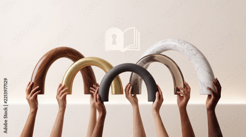 Fototapeta premium Diverse Hands Holding Arches of Different Materials Like Marble Gold and Wood with a Symbolic Glowing Book Icon Representing Multi-Perspective Knowledge Access and Creative Core Concept Metaphor
