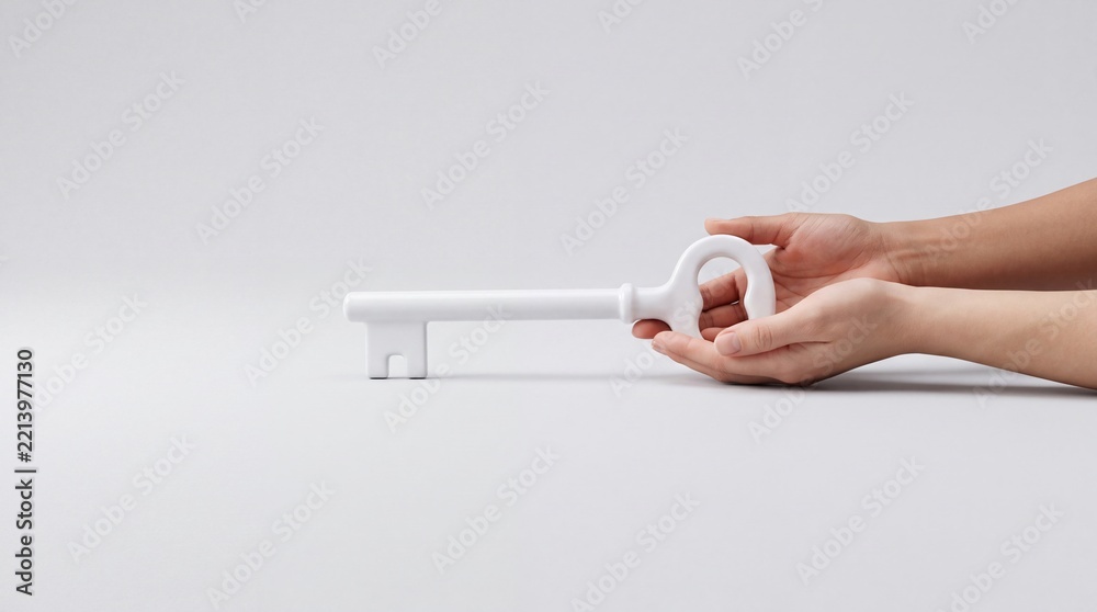 Fototapeta premium Conceptual image of human hands holding a large white minimalist key representing business solutions, unlocking potential, success, and access to new opportunities on a clean gray background.