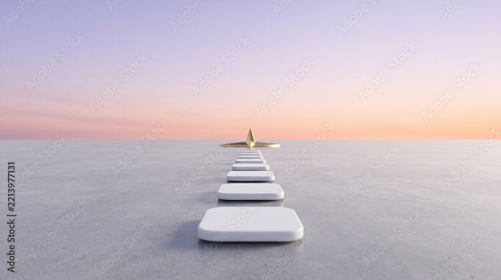 Fototapeta premium Minimalist 3D render of white stepping stones forming a path leading towards a golden star icon against a soft pastel sunset sky, representing business growth, progress, and reaching goals.
