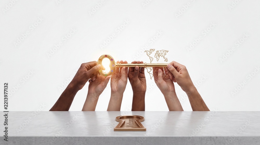 Fototapeta premium Diverse Group of Multiracial Hands Holding a Large Golden Key with a Global Map Design Over a Keyhole with Welcome Text, Representing International Teamwork, Global Success, and Inclusive Access.
