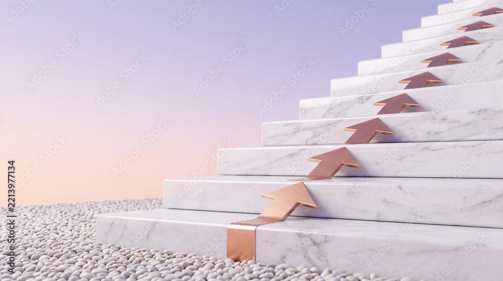 Fototapeta premium Conceptual 3D Illustration of Elegant White Marble Stairs with a Rose Gold Arrow Path Leading Upwards Against a Sunset Sky; Representing Career Growth, Progress, Success, and Ambition Metaphor