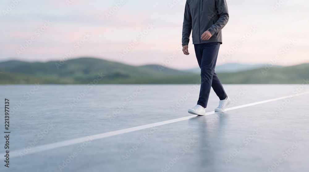 Fototapeta premium A man in casual wear walking precisely along a straight white line on a smooth outdoor surface, representing metaphorical concepts of focus, following a path, precision, and staying on track.