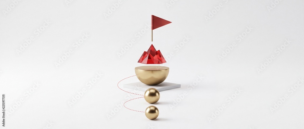 Fototapeta premium Abstract 3D Conceptual Illustration of a Red Dotted Path Leading Through Golden Spheres to a Ruby Crystal Mountain with a Success Flag Representing Business Achievement and Strategic Milestones