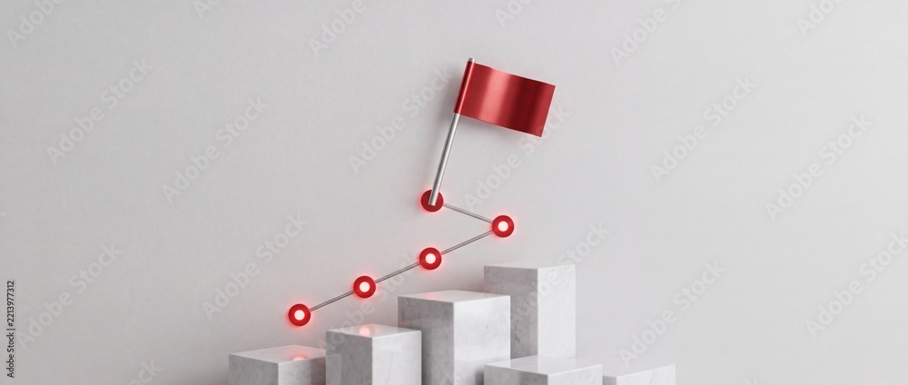Fototapeta premium Minimalist 3D abstract representation of business growth and success featuring marble pedestals and an ascending line graph leading to a red flag goal on a clean white professional background.