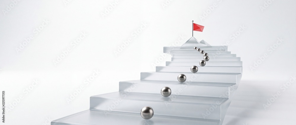 Fototapeta premium Business success concept and career progression showing a glass staircase with silver metallic spheres leading towards a red flag on a mountain peak against a clean white minimalist background.