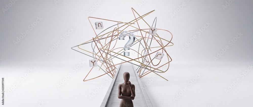 Fototapeta premium Conceptual 3D Illustration of a Thinking Figure Facing a Tangled Maze of Complexity and Decision Making with a Question Mark and Directional Symbols on a Clean White Minimalist Background