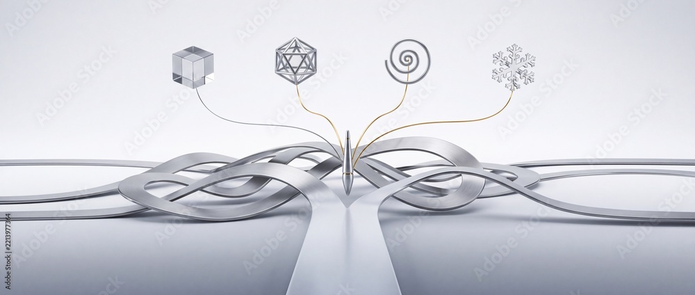 Fototapeta premium Conceptual 3D render of branching paths and diverse geometric symbols representing decision making, strategic complexity, and various possibilities in a clean, minimalist environment.