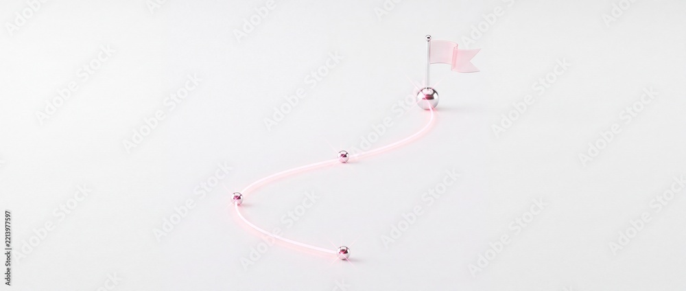 Fototapeta premium Minimalist conceptual 3D render of a winding glowing pink path connecting silver metallic spheres toward a goal flag, symbolizing business strategy, roadmap milestones, and journey to success.