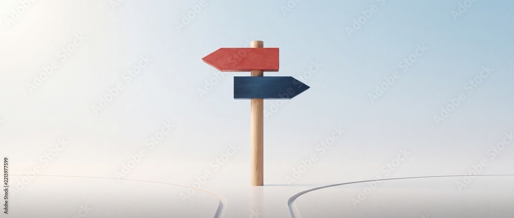 Fototapeta premium Conceptual Image Representing Choice and Decision Making with a Wooden Signpost Holding Red and Blue Arrows Pointing in Opposite Directions Over Diverging Paths on a Clean Minimalist Background