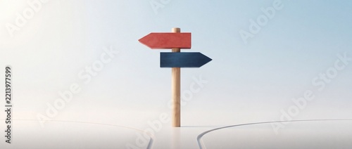 Conceptual Image Representing Choice and Decision Making with a Wooden Signpost Holding Red and Blue Arrows Pointing in Opposite Directions Over Diverging Paths on a Clean Minimalist Background