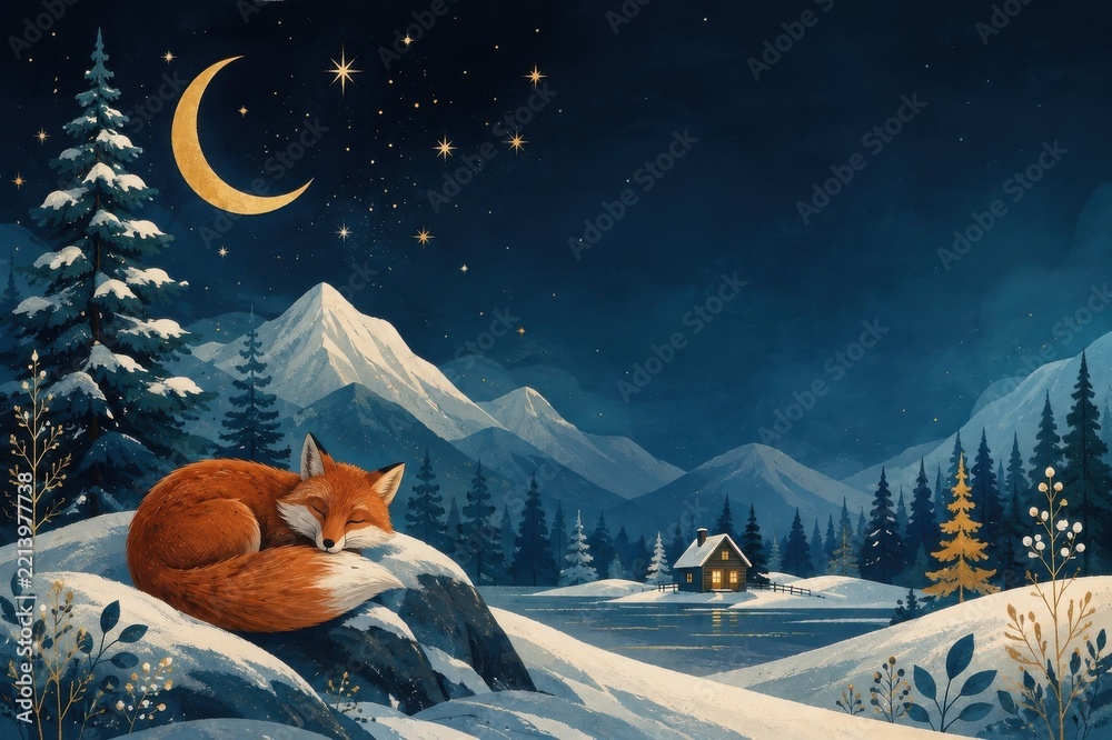 Fototapeta premium Sleeping fox beneath crescent moon in snowy mountain forest