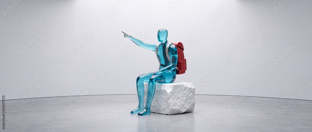 Fototapeta premium Conceptual 3D illustration of a translucent blue glass figure with a red backpack sitting on a white rock and pointing forward, representing future vision, travel journey, and guided exploration