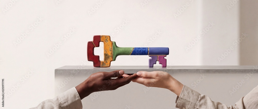 Fototapeta premium Conceptual image of diverse hands holding a multi-colored puzzle key symbolizing unity, partnership, and the collaborative solution to success in business and social integration