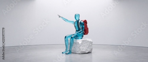 Conceptual 3D illustration of a translucent blue glass figure with a red backpack sitting on a white rock and pointing forward, representing future vision, travel journey, and guided exploration
