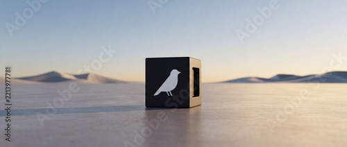 Minimalist Concept of a Black Cube with a White Bird Silhouette Placed on a Vast Desert Landscape at Sunset, Representing Freedom, Communication, and Solid Digital Ideas